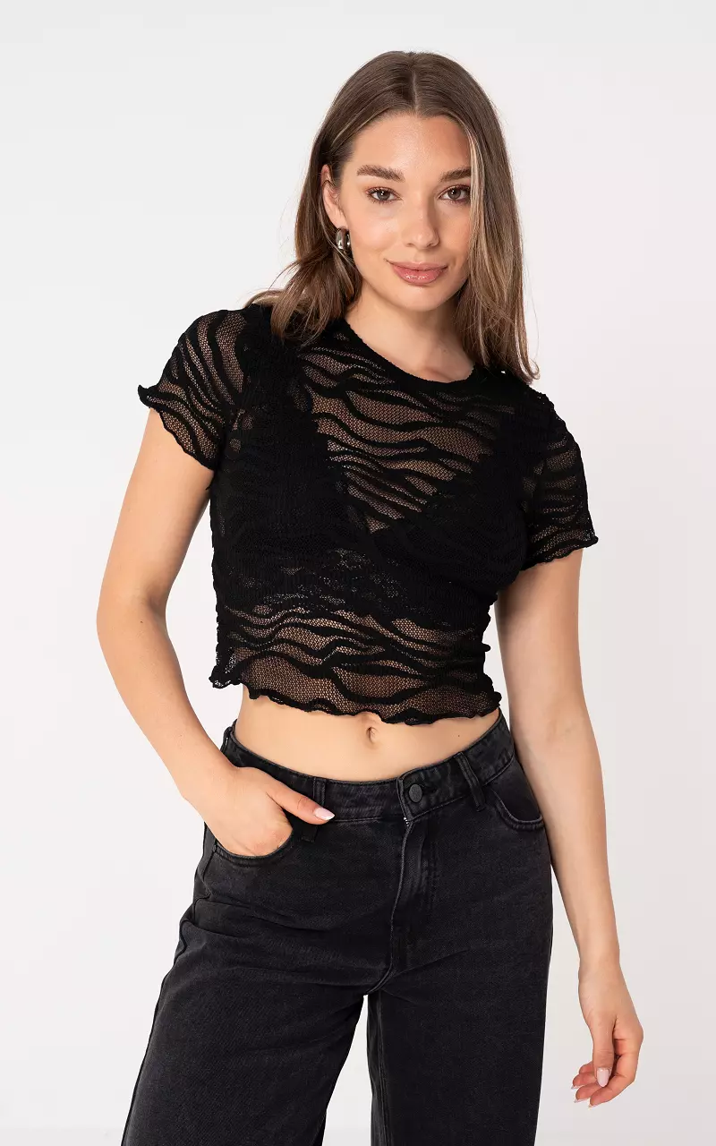 Mesh top with zebra print Black