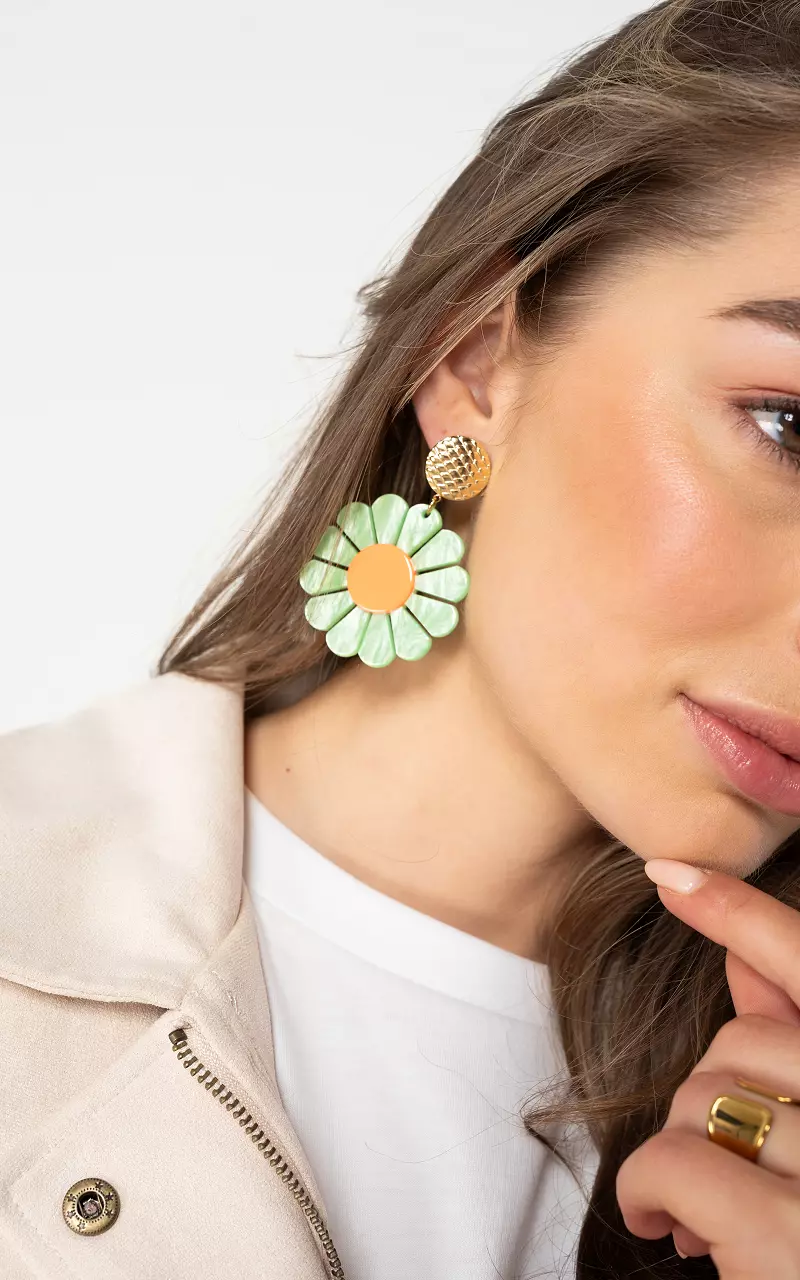 Oorbellen met bloem Lichtgroen Oranje