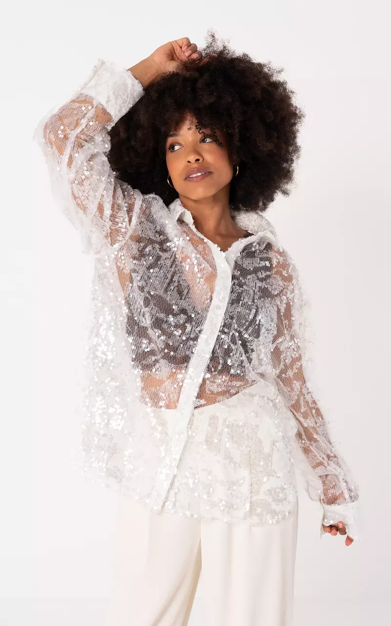 Pailletten blouse Wit