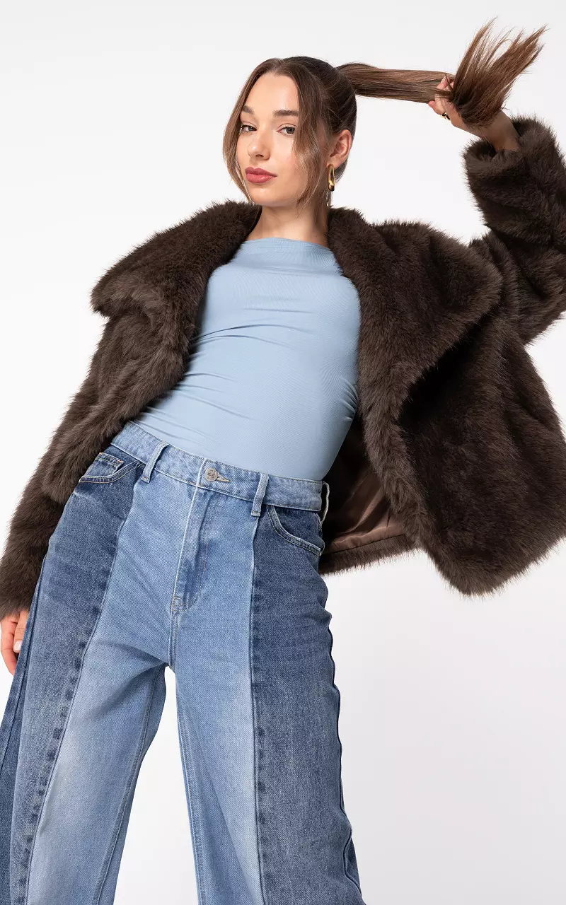 Fake fur jacket with press buttons Dark Brown