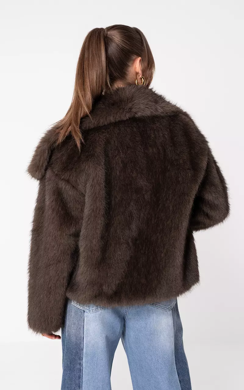 Fake fur jacket with press buttons Dark Brown