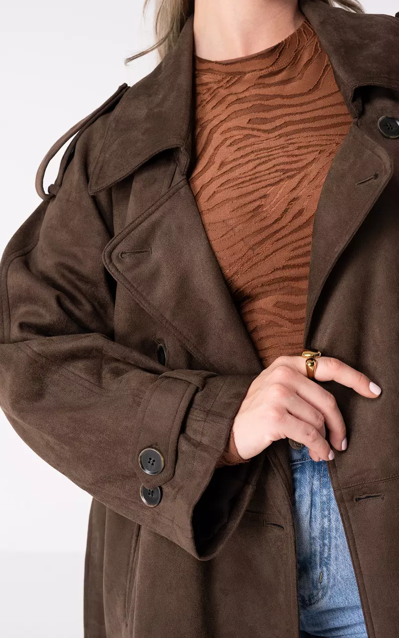 Suede look trench coat Dark Brown