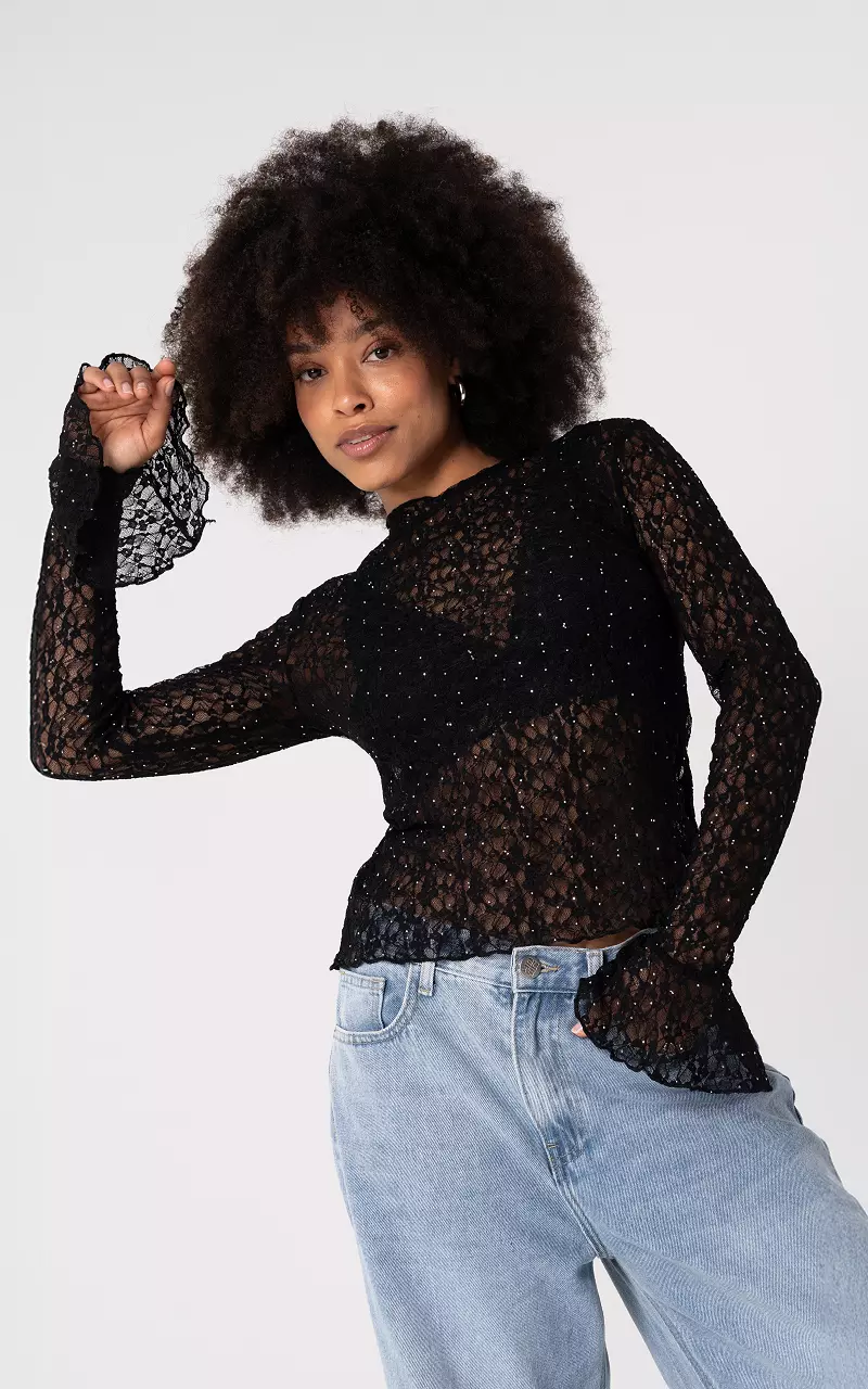 Spitzentop mit Glitzer Schwarz