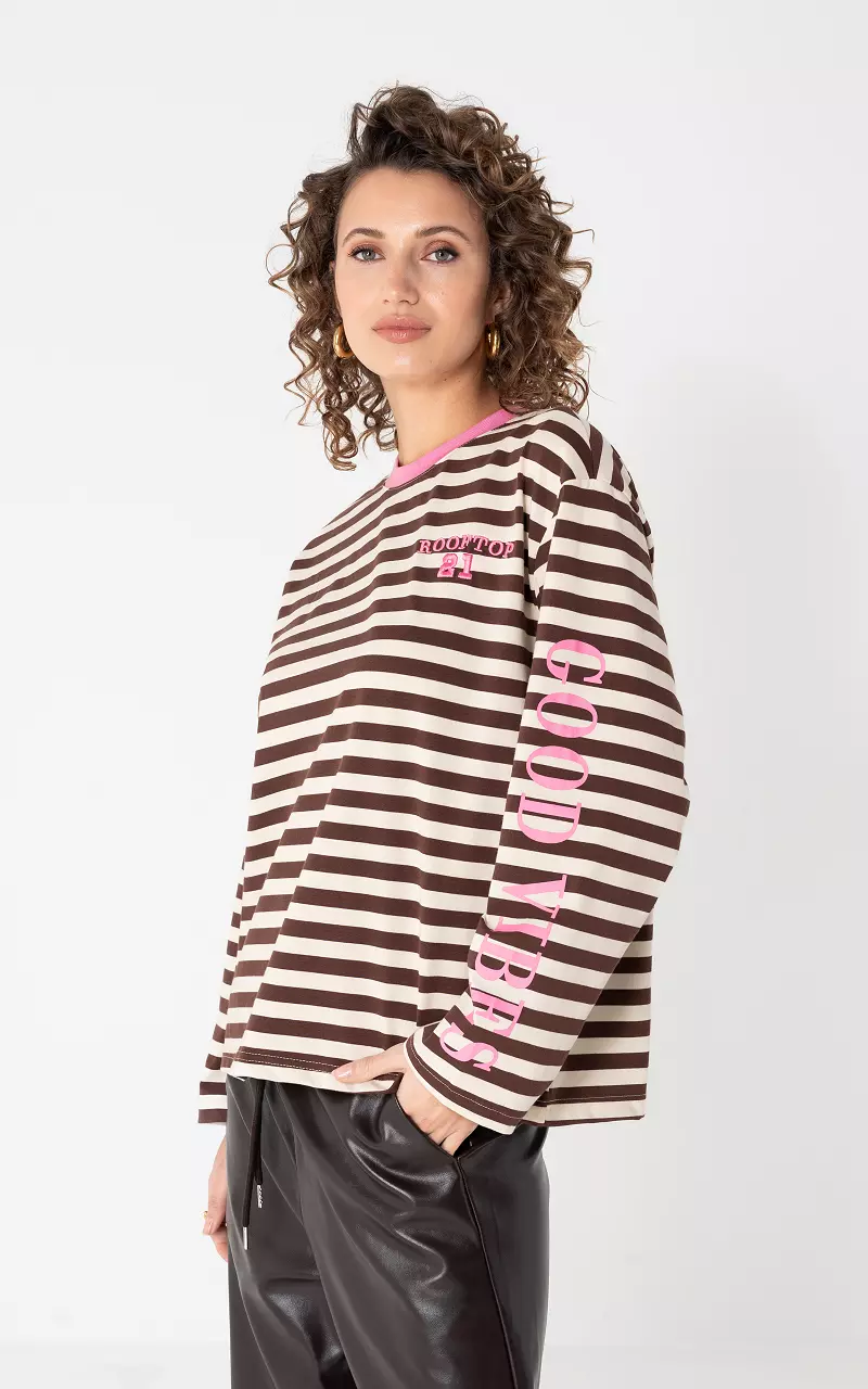 Longsleeve mit Rundhalsausschnitt Dunkelbraun Creme