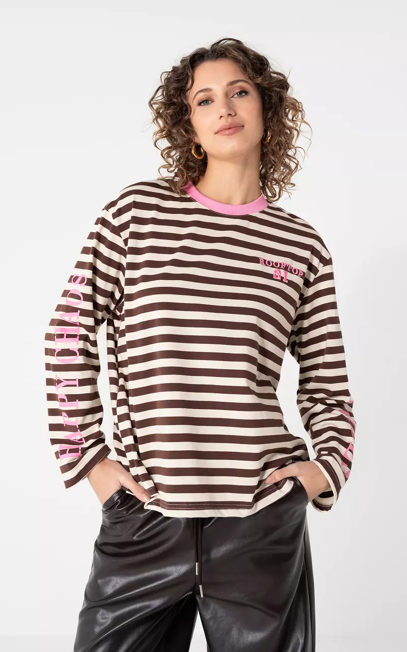 Longsleeve mit Rundhalsausschnitt Dunkelbraun Creme