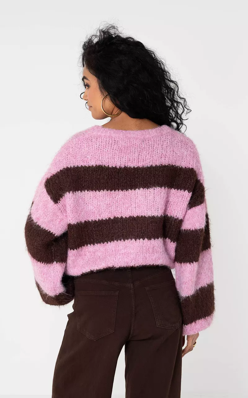 Pullover mit Rundhalsausschnitt und Streifen Dunkelbraun Hellrosa