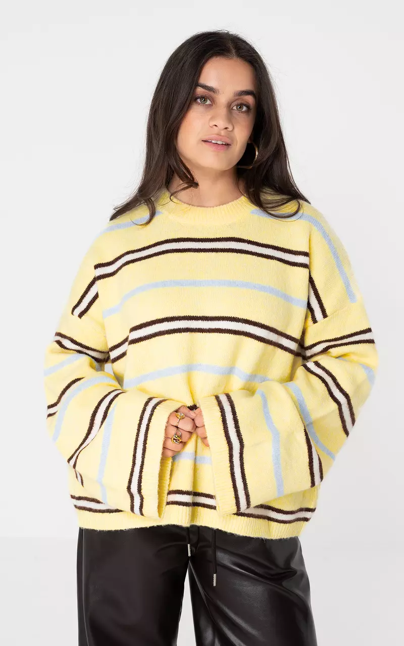 Pullover mit Rundhalsausschnitt und Streifen Hellgelb Dunkelbraun