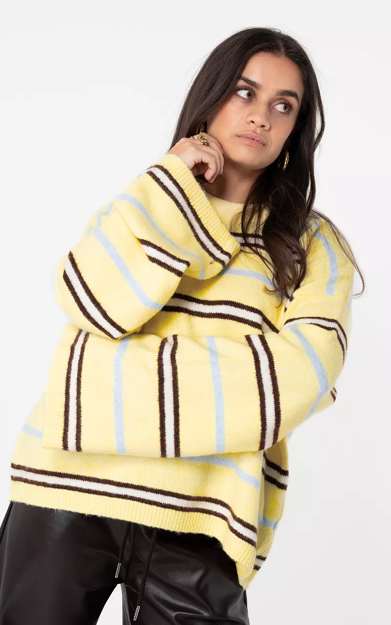 Pullover mit Rundhalsausschnitt und Streifen Hellgelb Dunkelbraun