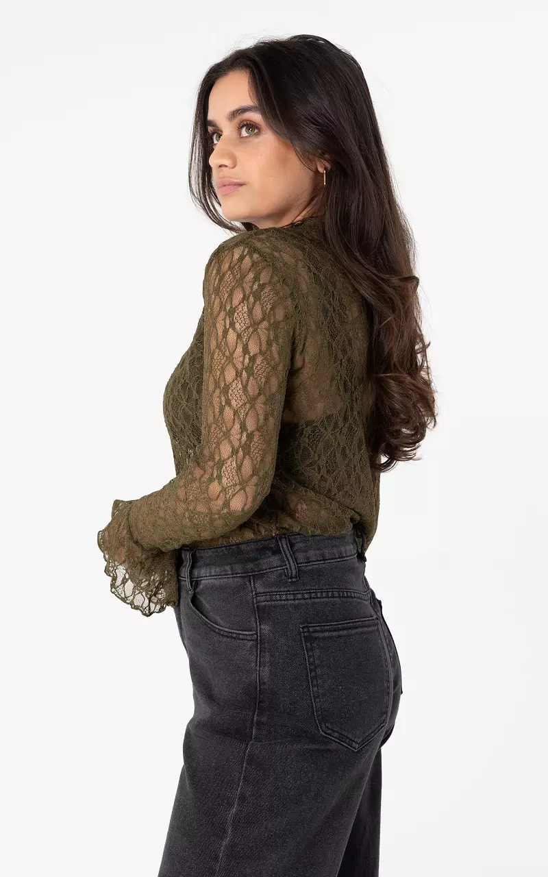 Kanten top met uitlopende mouw Kaki