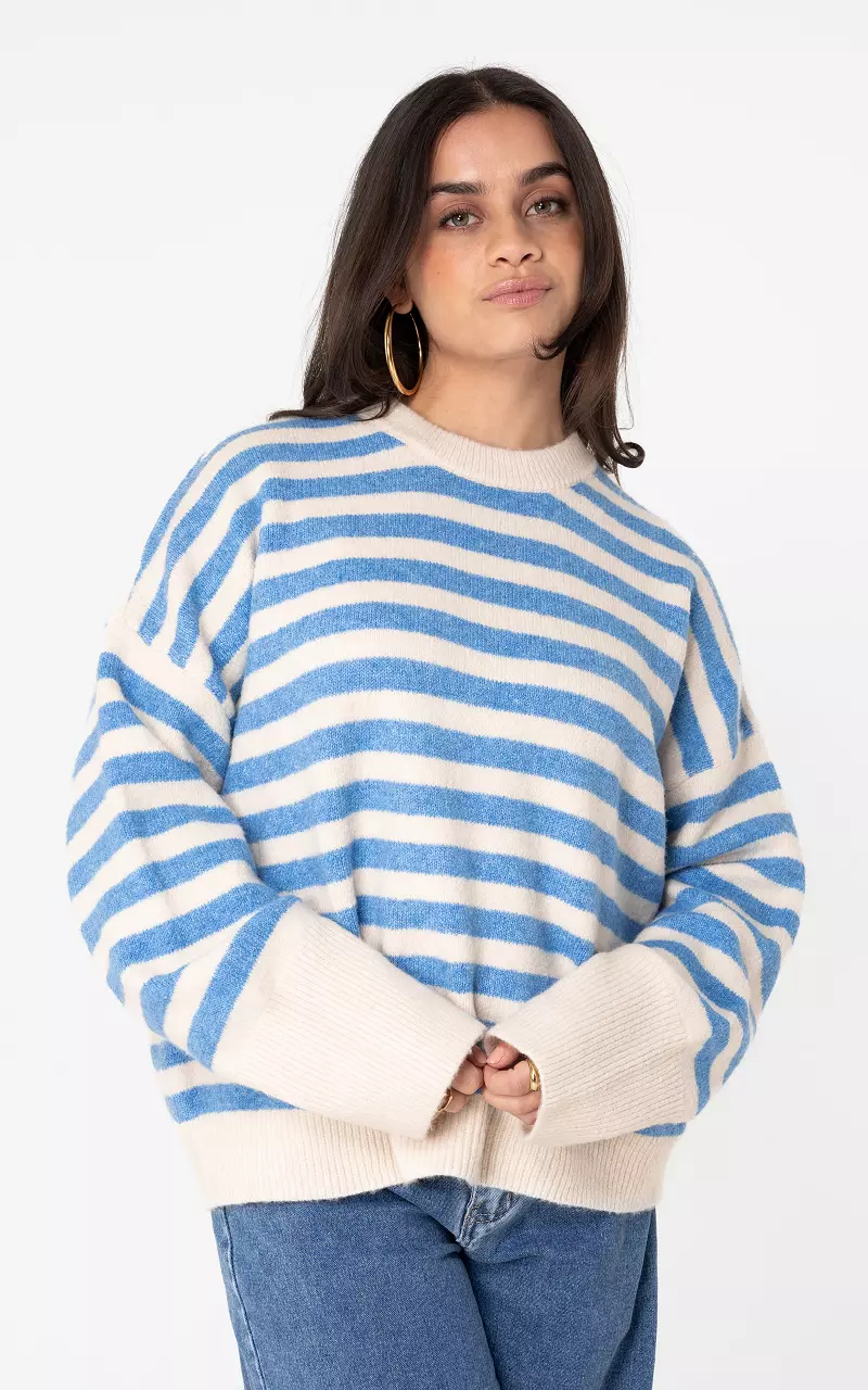Strickpullover mit Streifen Creme Hellblau