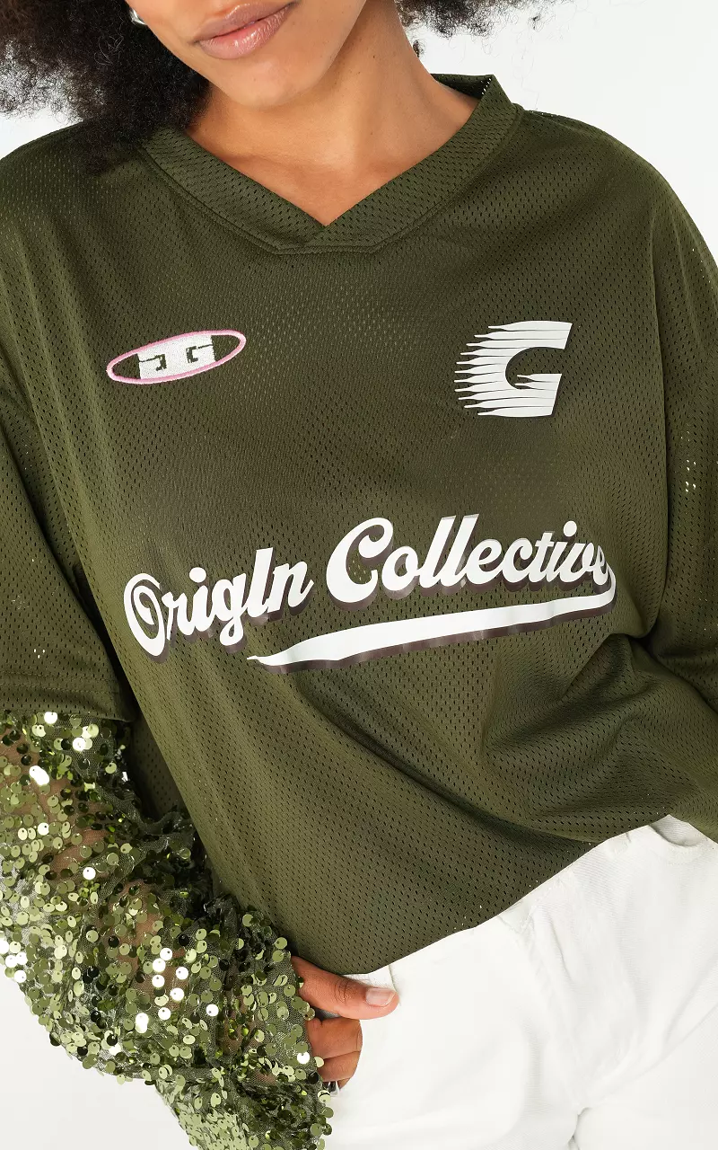 Baseballshirt mit Glitzerdetails Kaki Weiß