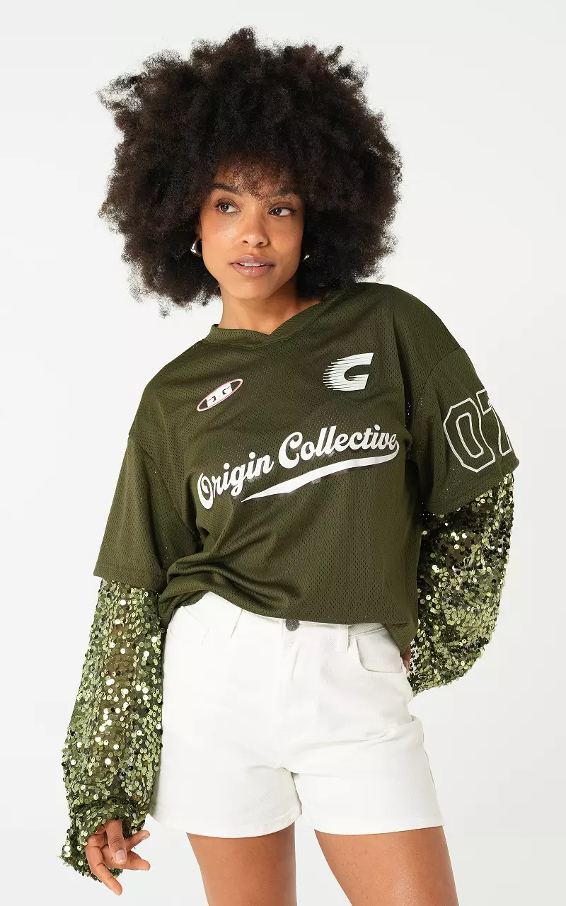 Baseballshirt mit Glitzerdetails Kaki Weiß