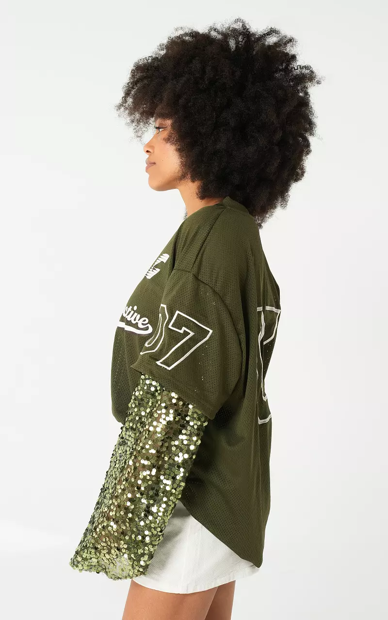 Baseballshirt mit Glitzerdetails Kaki Weiß
