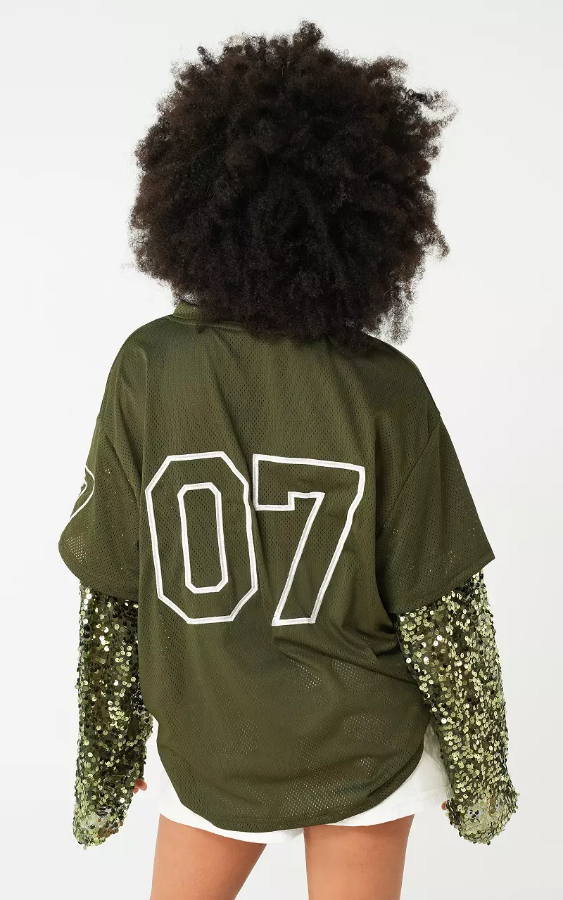 Baseballshirt mit Glitzerdetails Kaki Weiß