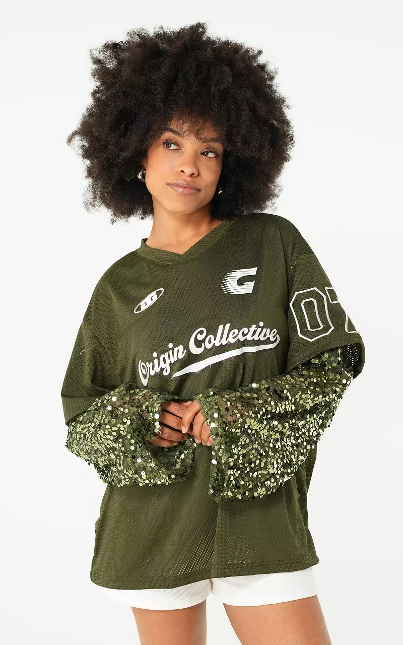 Baseballshirt mit Glitzerdetails Kaki Weiß
