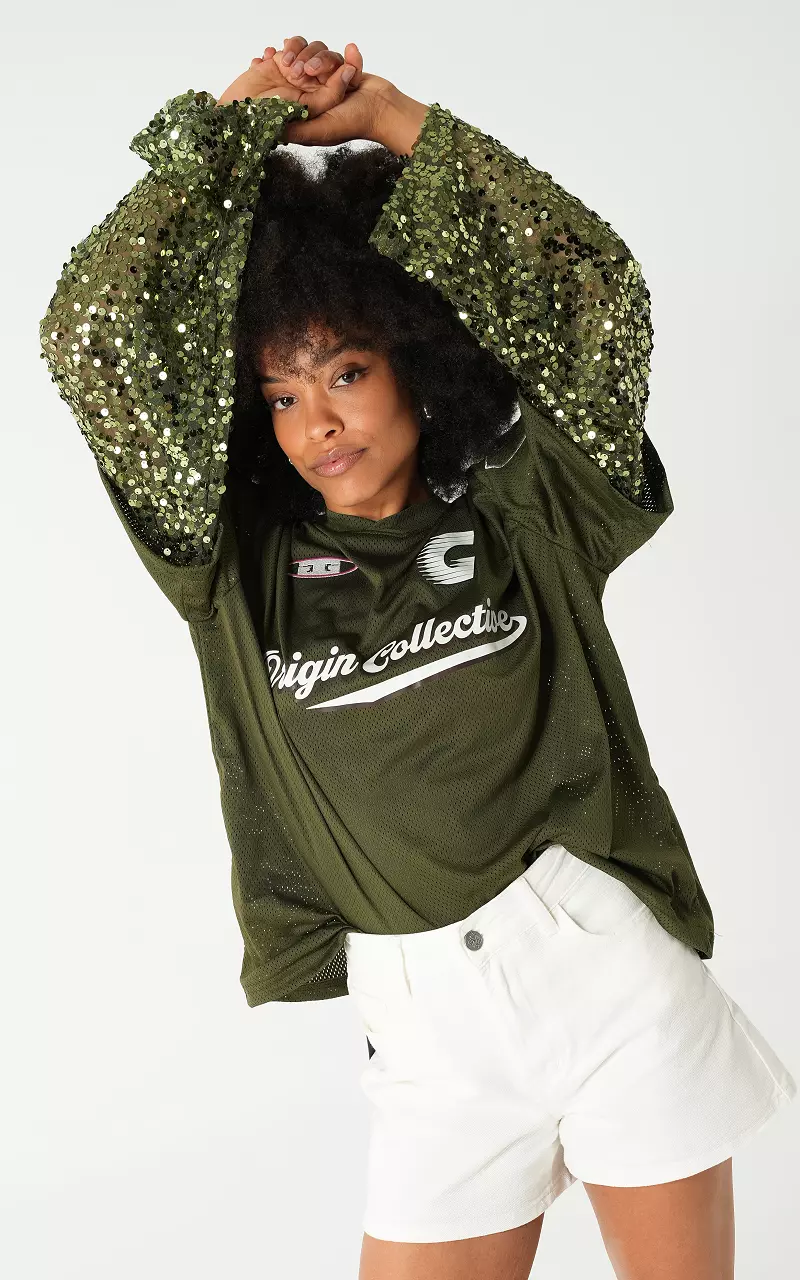 Baseballshirt mit Glitzerdetails Kaki Weiß