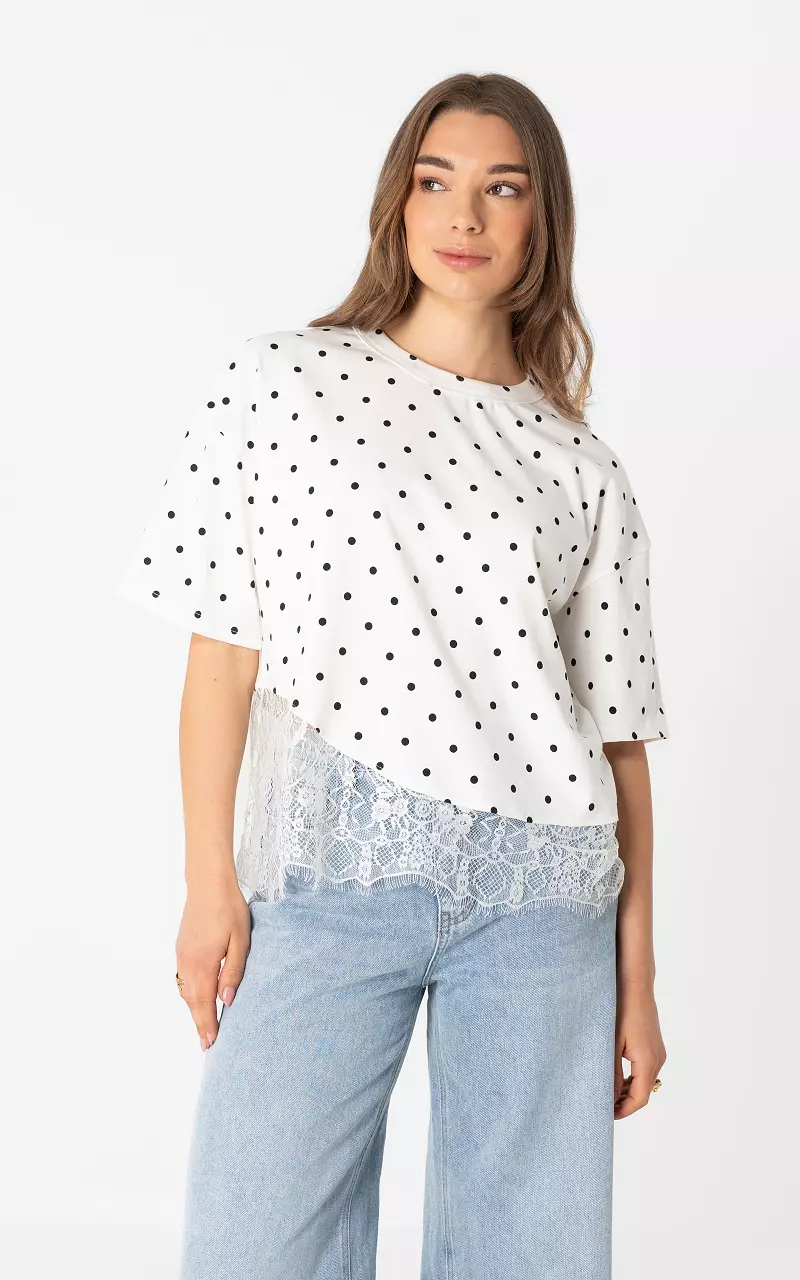 Gepunktetes Spitzenshirt Weiß Schwarz