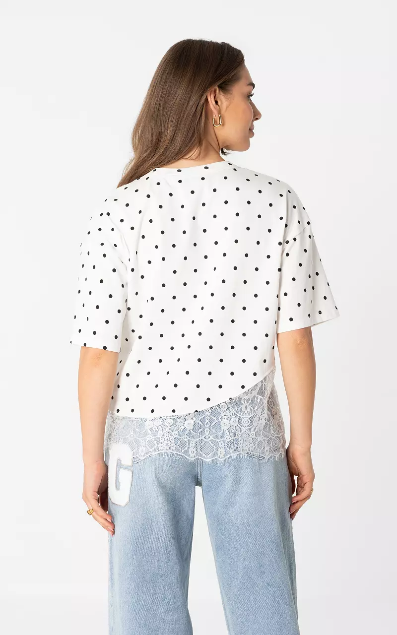 Gepunktetes Spitzenshirt Weiß Schwarz