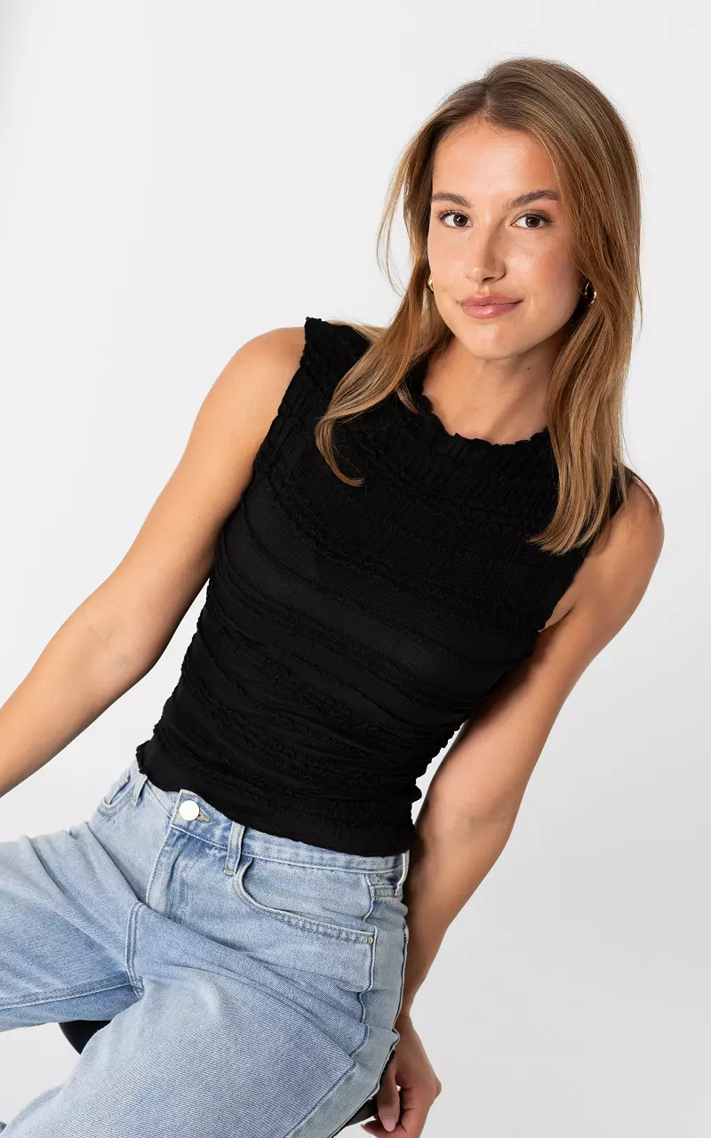 Stretch Top mit Smokdetails Schwarz
