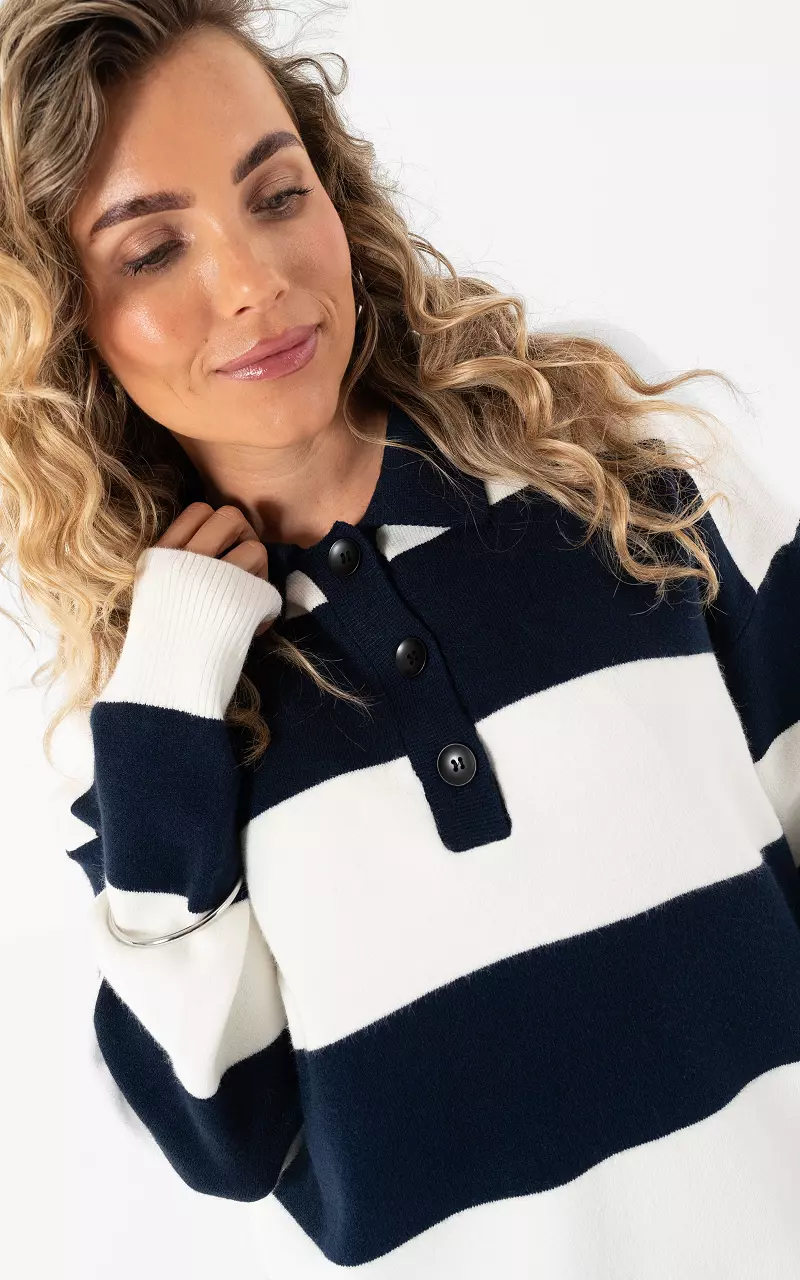 Gestreifter Pullover mit Kragen Dunkelblau Weiß