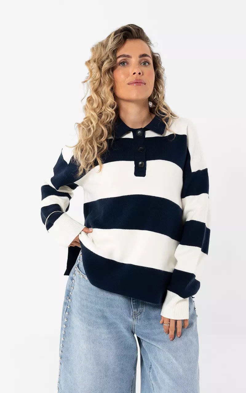 Gestreifter Pullover mit Kragen Dunkelblau Weiß