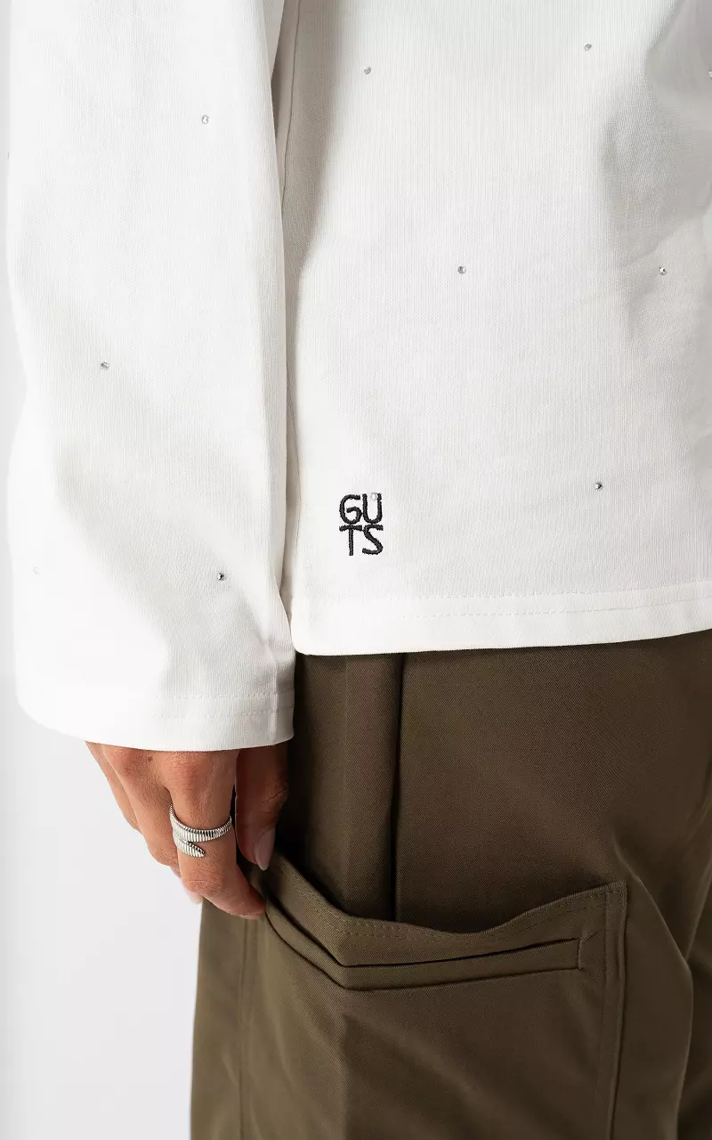 Langarmshirt mit Strasssteinen Weiß Silber