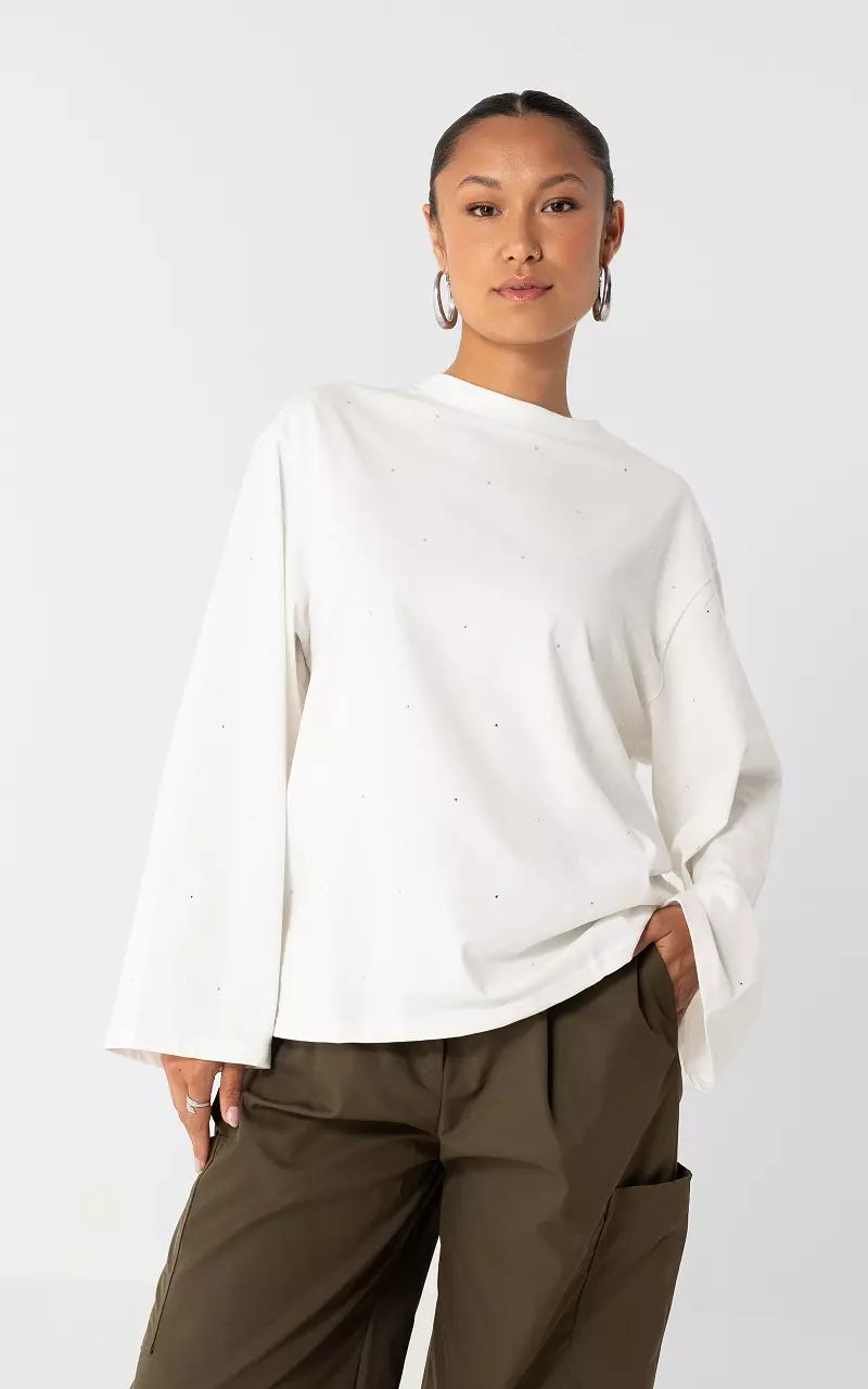 Langarmshirt mit Strasssteinen Weiß Silber