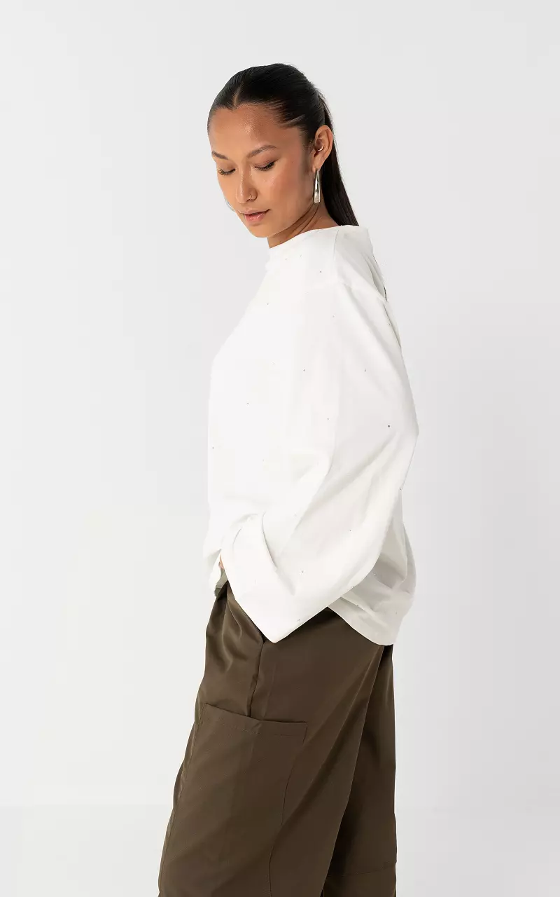 Langarmshirt mit Strasssteinen Weiß Silber
