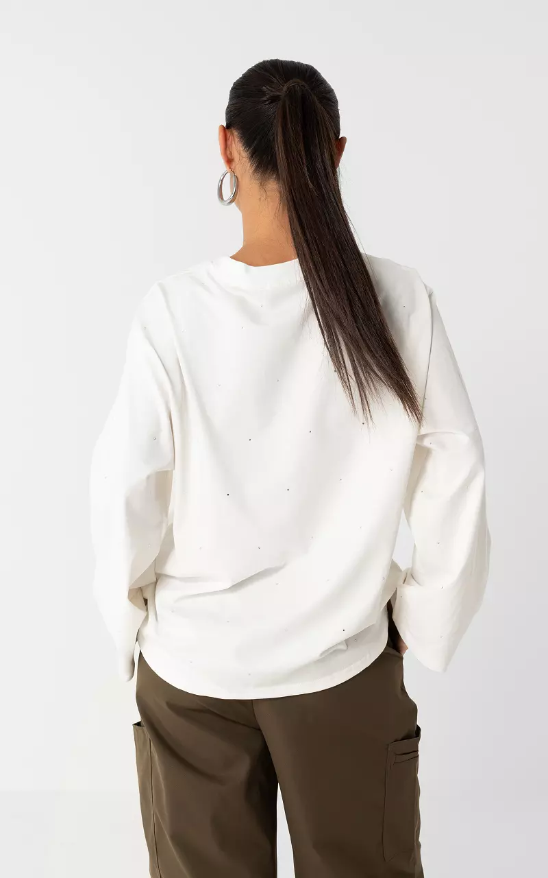 Langarmshirt mit Strasssteinen Weiß Silber