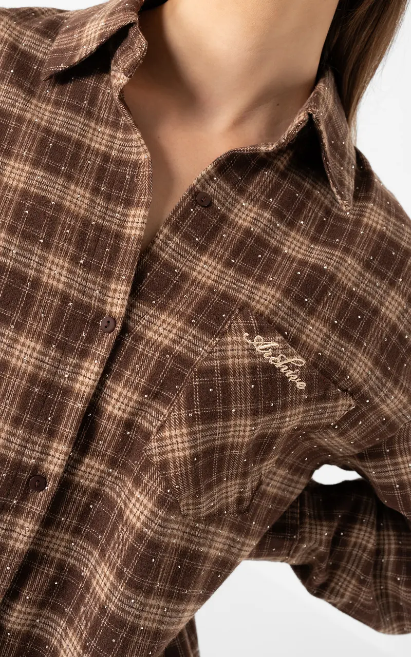 Rhinestone check blouse Brown Beige