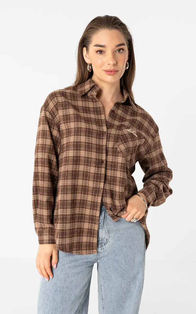 Rhinestone check blouse Brown Beige