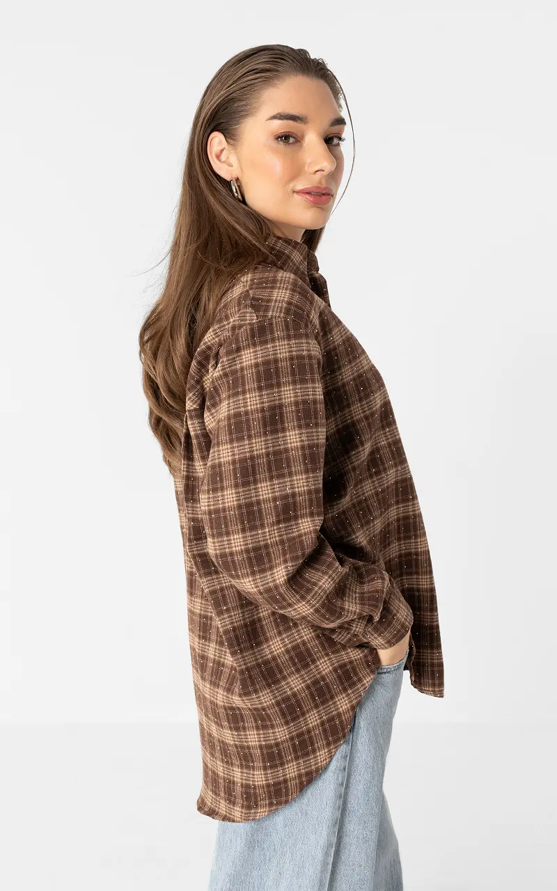 Rhinestone check blouse Brown Beige