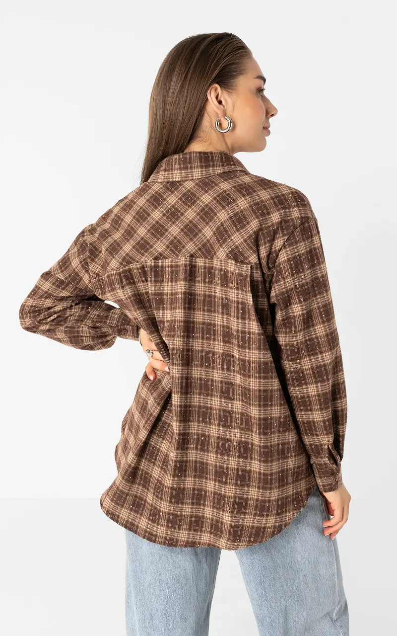 Rhinestone check blouse Brown Beige