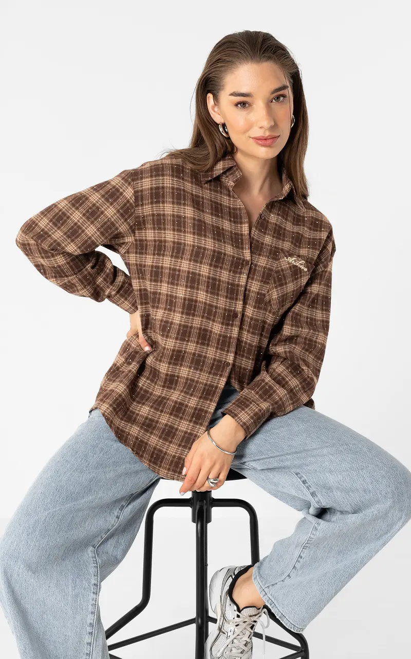 Rhinestone check blouse Brown Beige