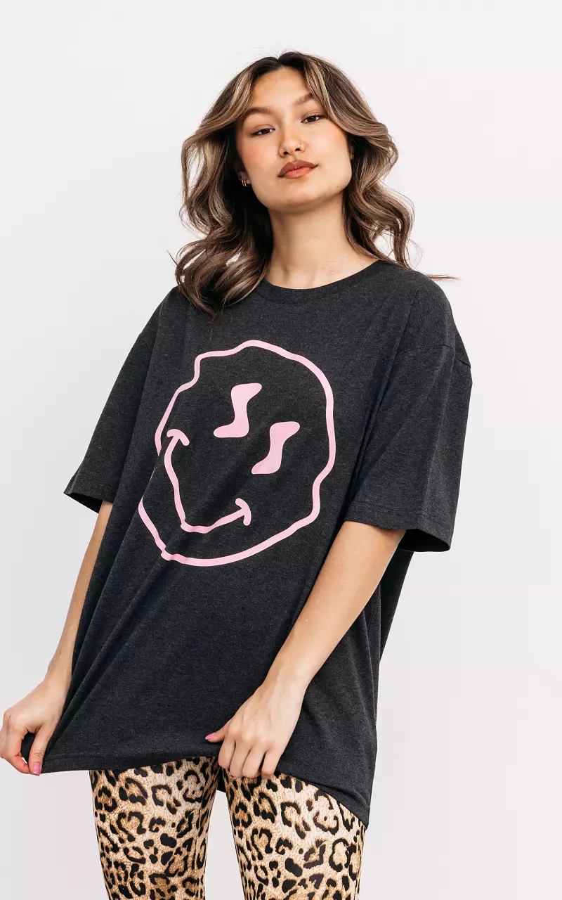 Shirt mit Smiley-Print Dunkelgrau Hellrosa