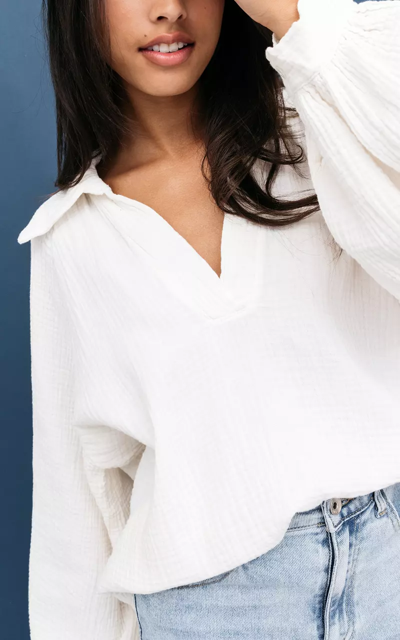 Cotton blouse with v-neck Cream