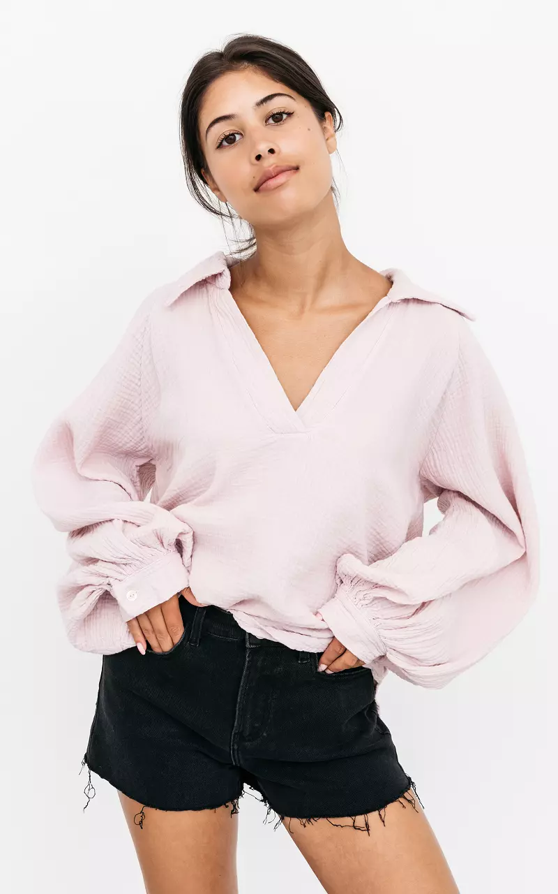 Cotton blouse with v-neck Mauve Pink