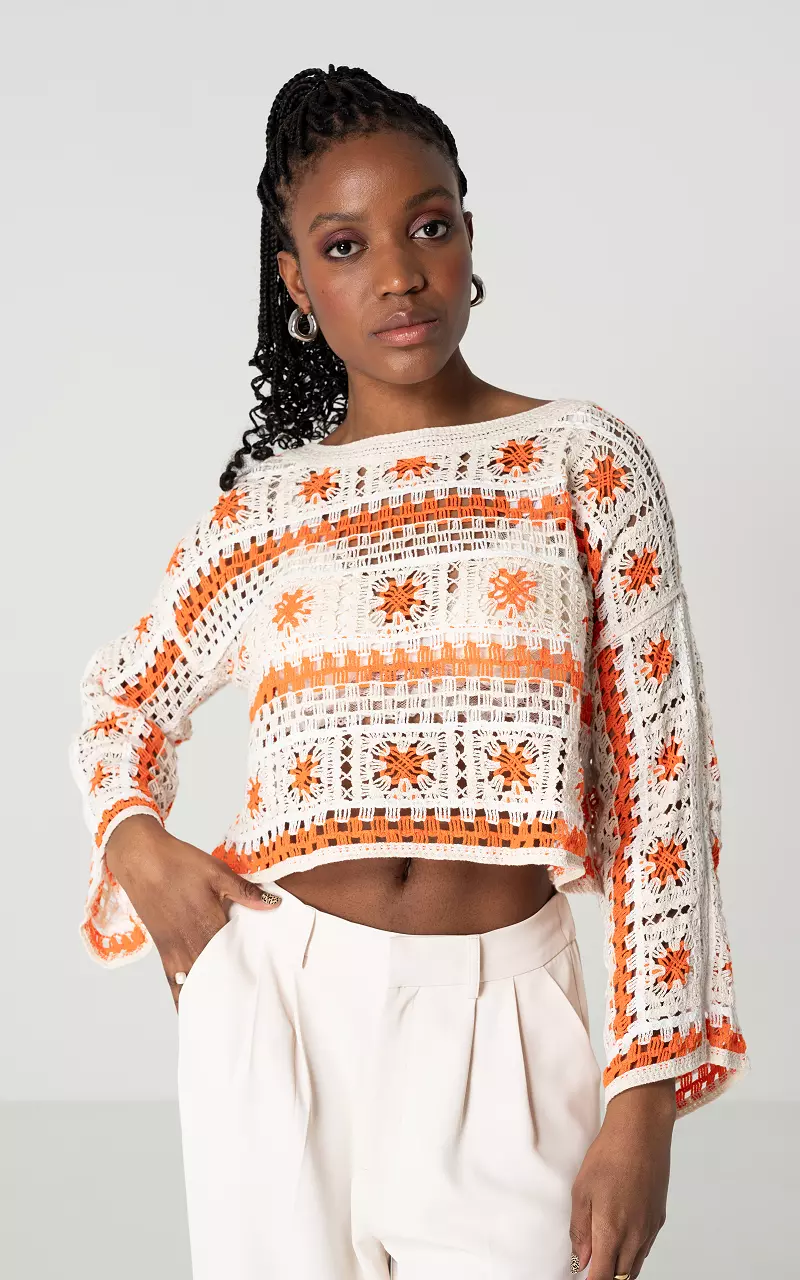 Crochet crop top with round neck - Beige Orange