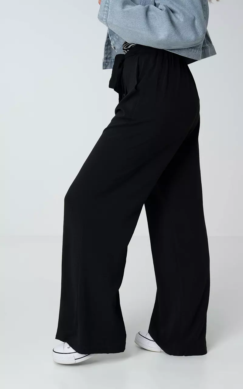 Bershka tie waist wide leg linen pants in black