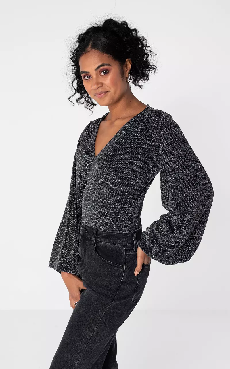 Glitzertop mit Trompetenärmel Silber