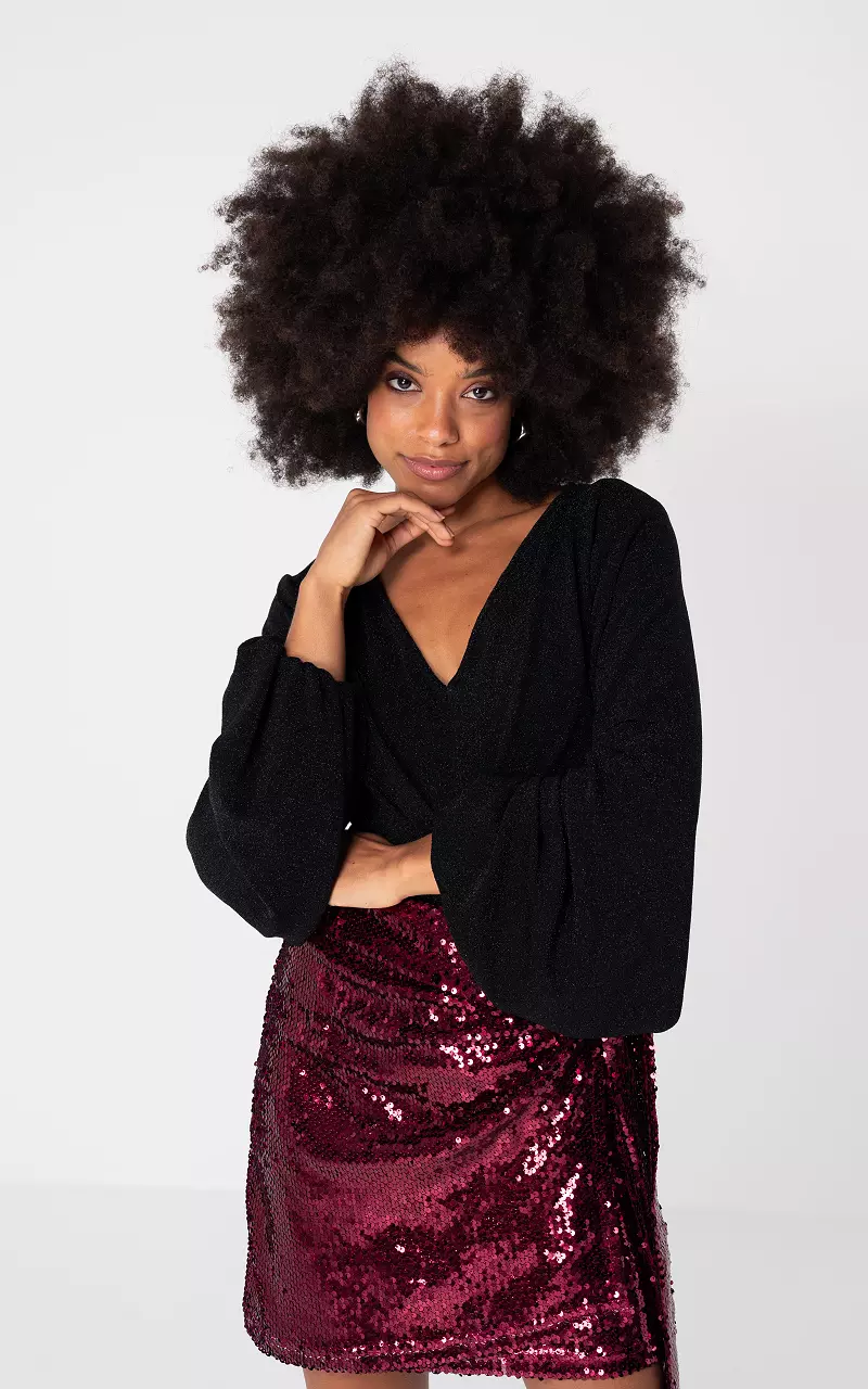 Glitzertop mit Trompetenärmel Schwarz