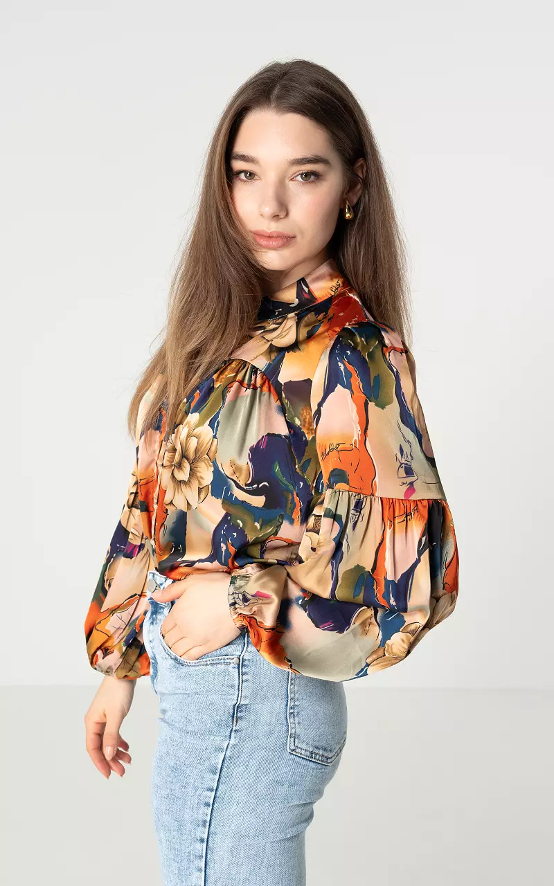 Satin-look blouse with print Dark Blue Beige