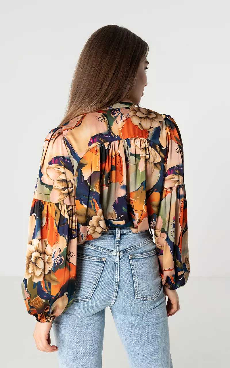 Satin-look blouse with print Dark Blue Beige