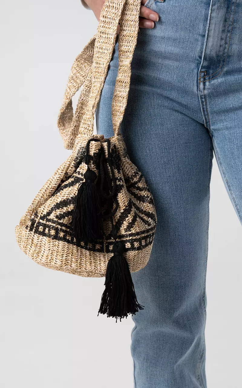 Straw bag with long handle Beige Black