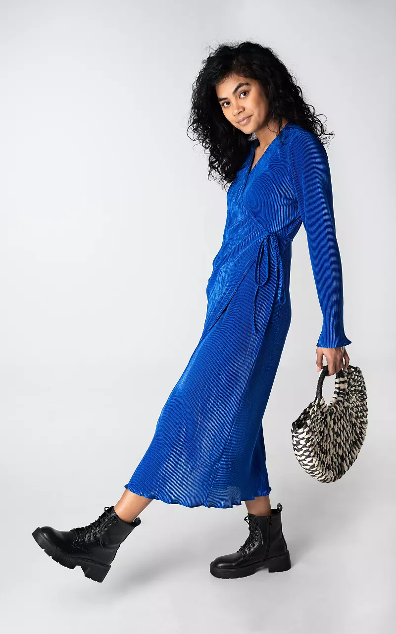 Plissé overslag jurk met v-hals Kobalt Blauw