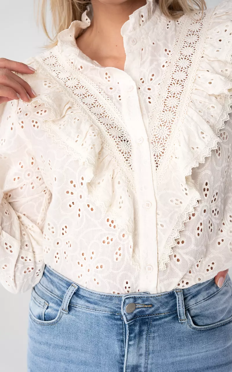 Embroidered blouse with flounces Cream