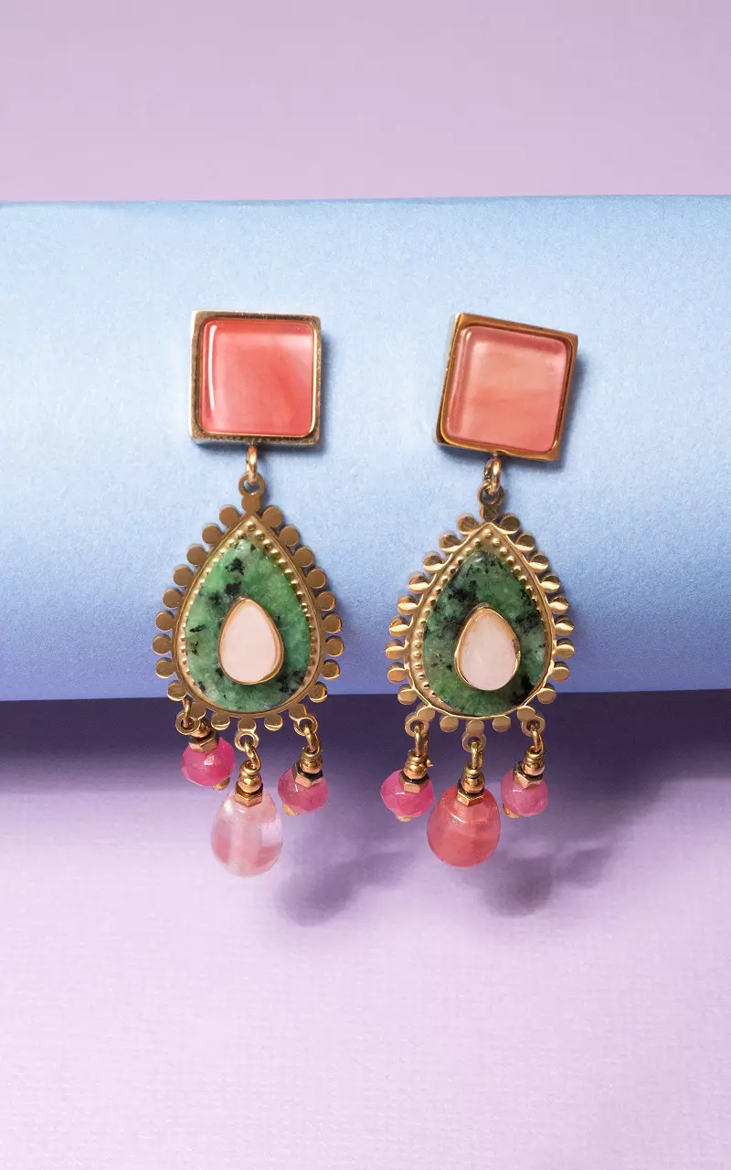 Earrings with beads and stones Gold Pink