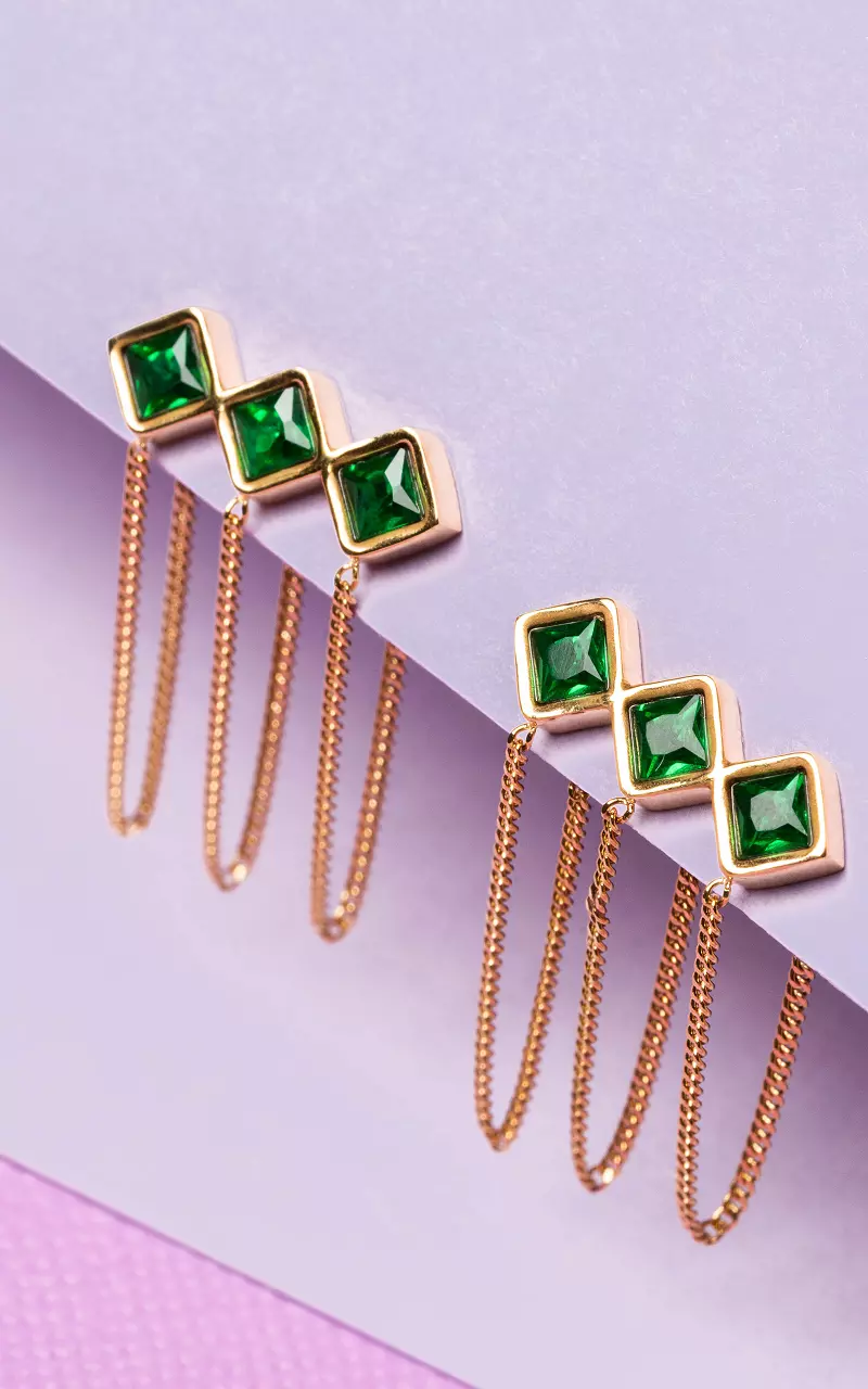 Boucles d’oreilles dorées à strass Or Vert