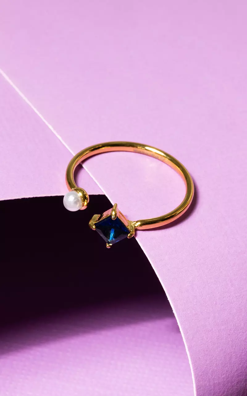 Verstelbare ring met gekleurd steentje Goud Donkerblauw