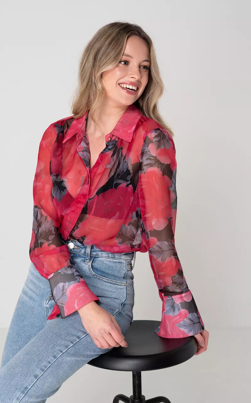 See-through blouse with floral print Black Red